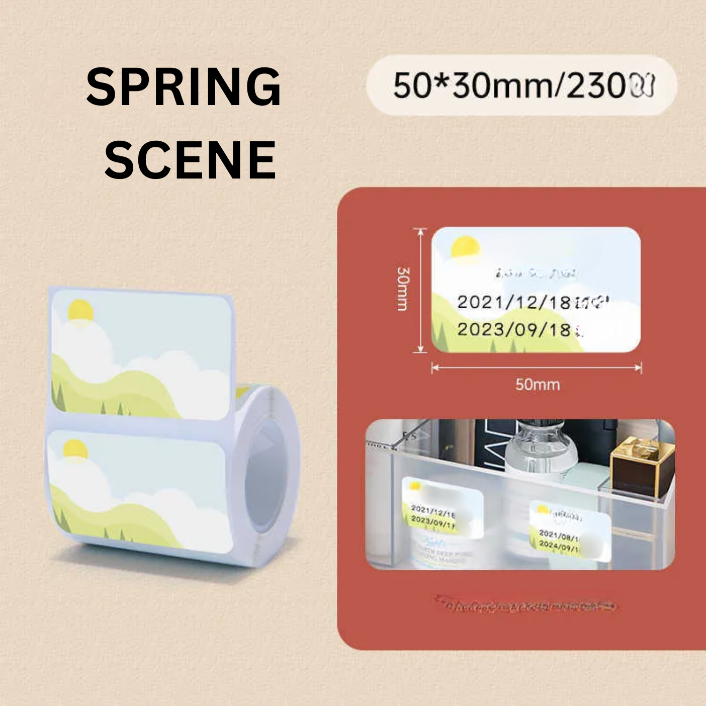 VMIDirect White Thermal Label Stickers in 50x30mm size featuring a spring scene design