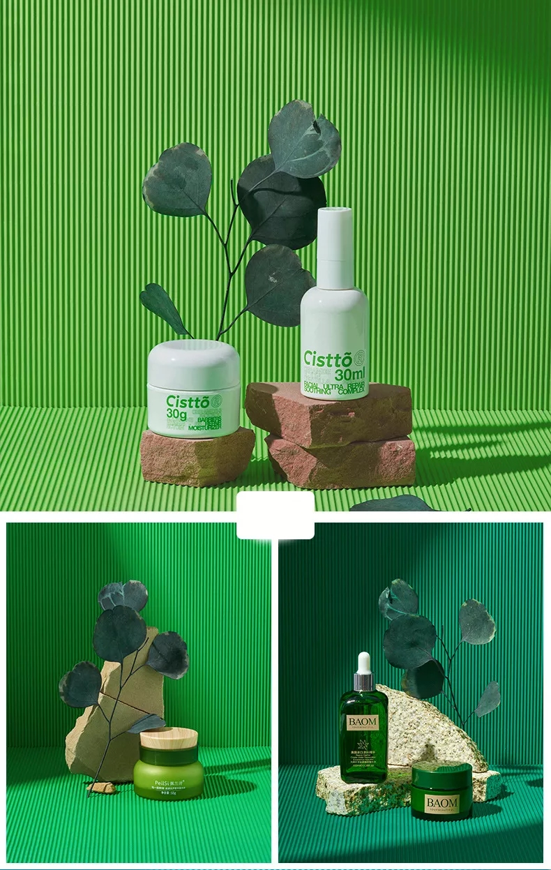 Striped Photography Background Paper with green and textured elements showcasing skincare products