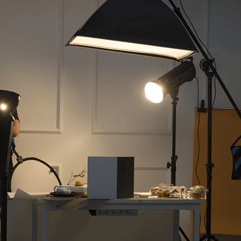 VMIDirect Striped Photography Background Paper set up with studio lights for optimal shooting conditions