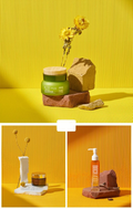 Striped Photography Background Paper in bright yellow with skincare products and decorative elements