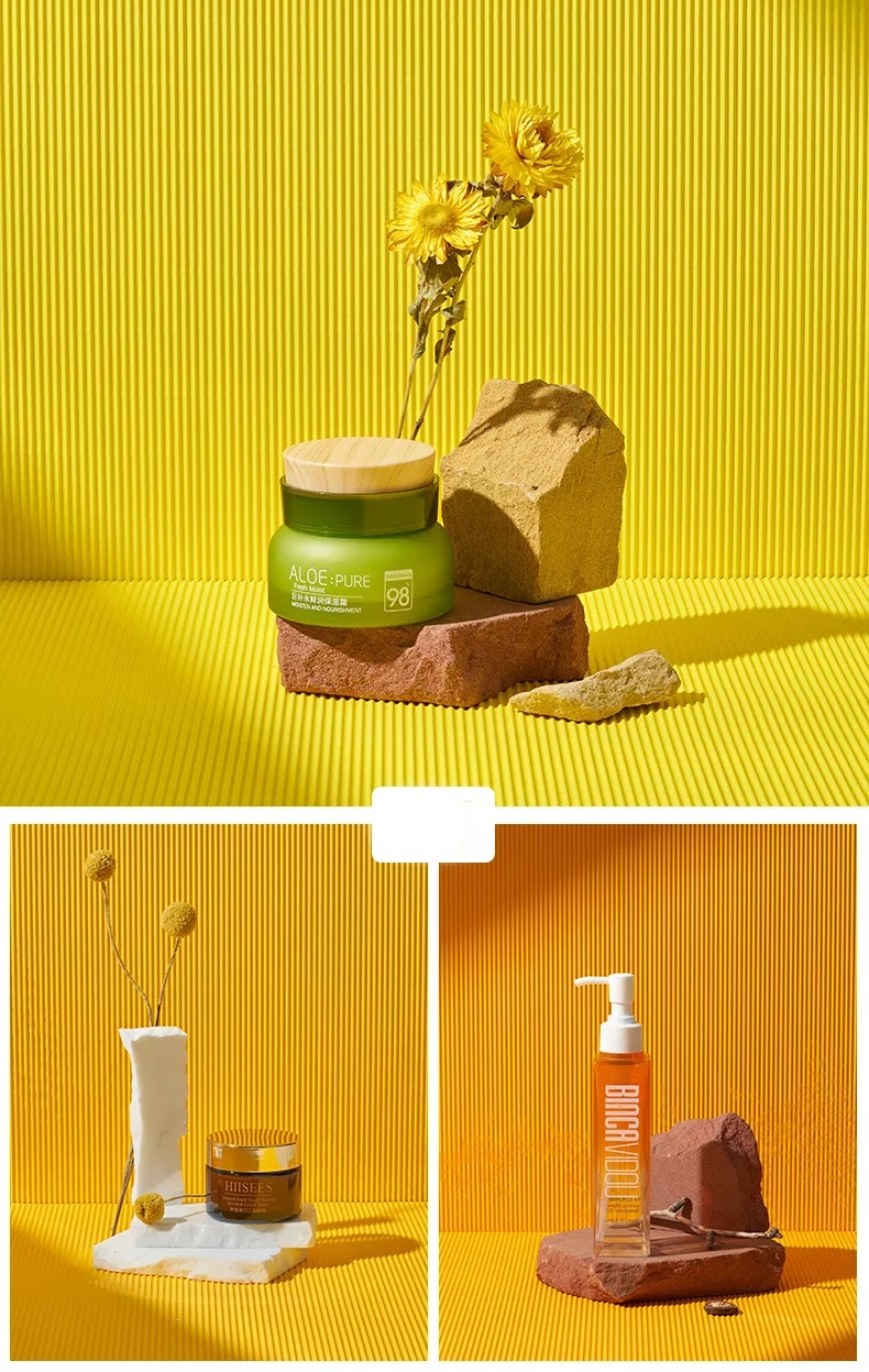 Striped Photography Background Paper in bright yellow with skincare products and decorative elements