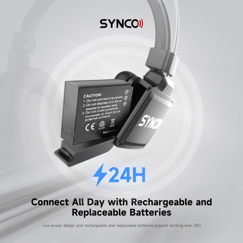 SYNC Wireless Headset Intercom with 24-hour rechargeable and replaceable battery support for all-day use