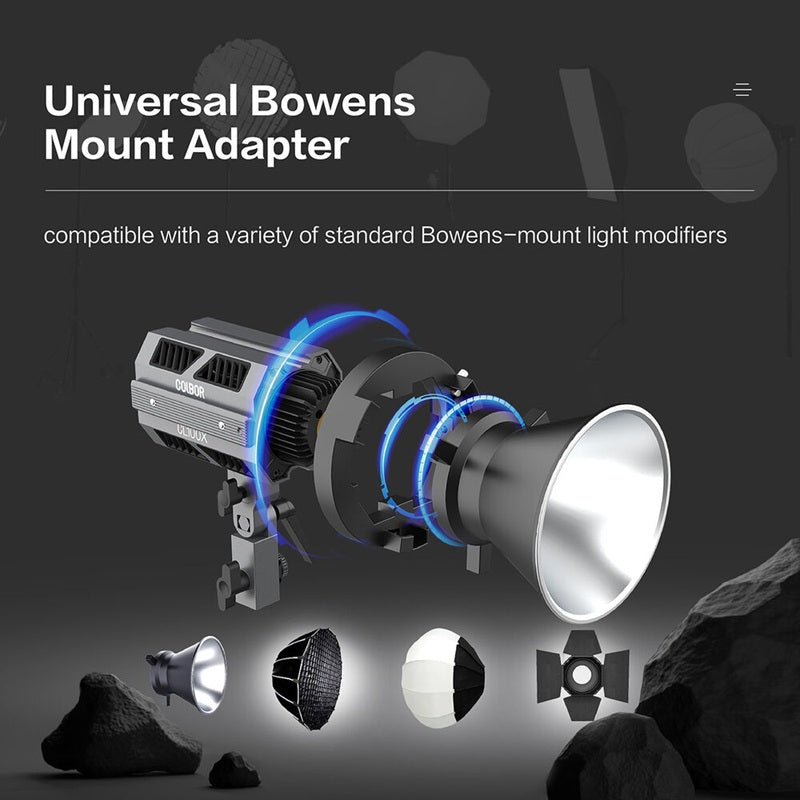 Synco COLBOR CL100X 110W monolight with a universal Bowens mount adapter and lighting modifiers