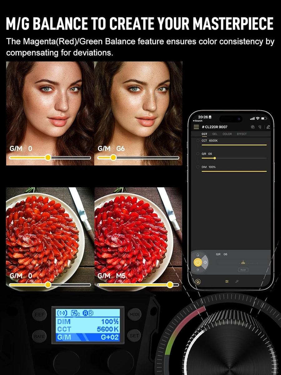 Synco COLBOR CL220R RGB LED studio light demonstrating color balance adjustments for photography