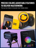 Synco COLBOR CL220R RGB LED studio light displaying adjustable color features with a smartphone in use