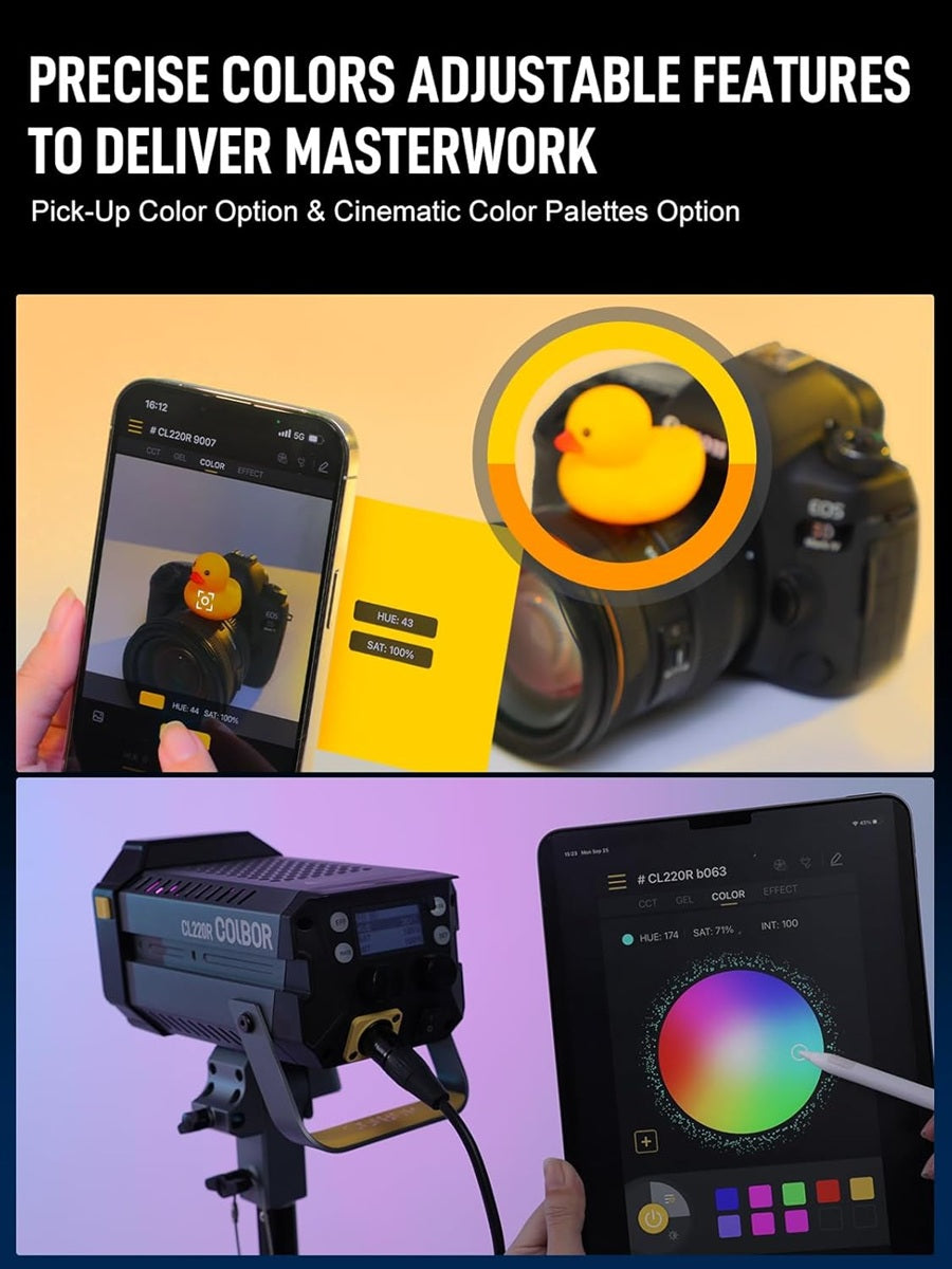 Synco COLBOR CL220R RGB LED studio light displaying adjustable color features with a smartphone in use