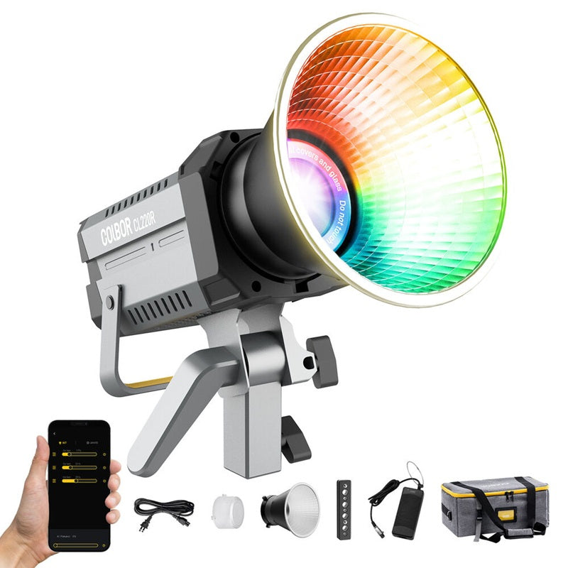 Synco COLBOR CL220R RGB LED studio light with remote control, accessories, and vibrant color options