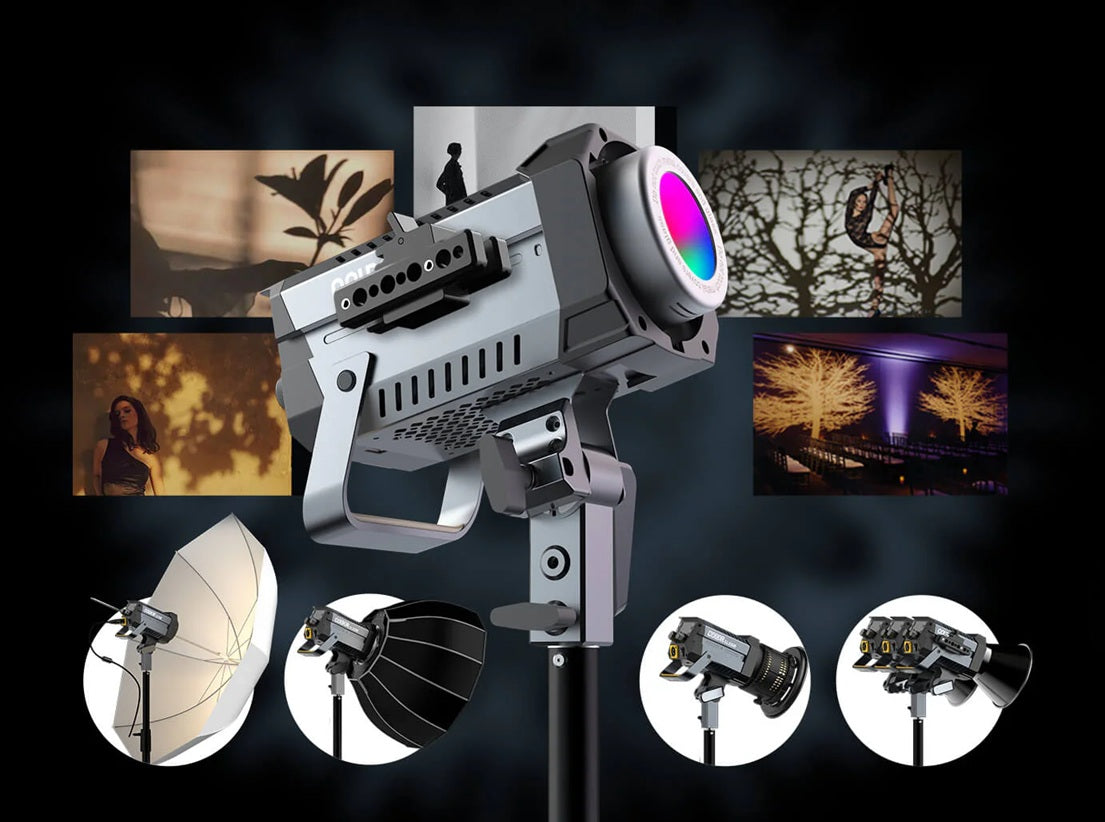 Synco COLBOR CL220R RGB LED studio light with various lighting setups showcasing its versatility