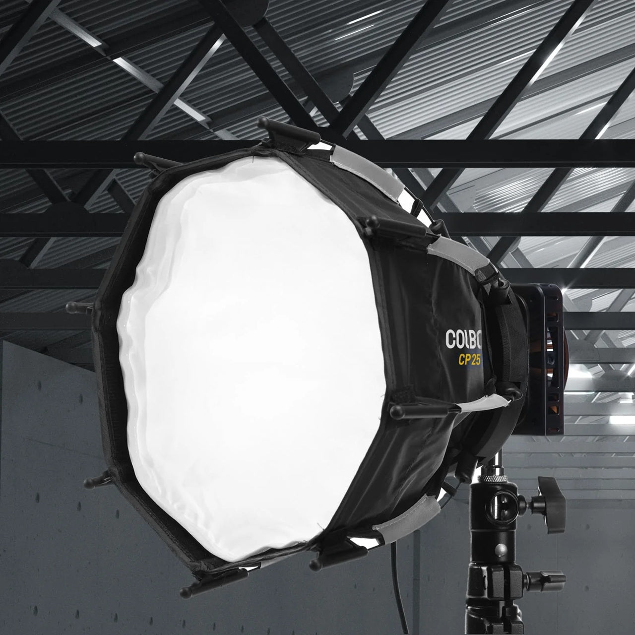 Synco COLBOR CP25 parabolic softbox attached to a light stand for soft, diffused lighting in photography