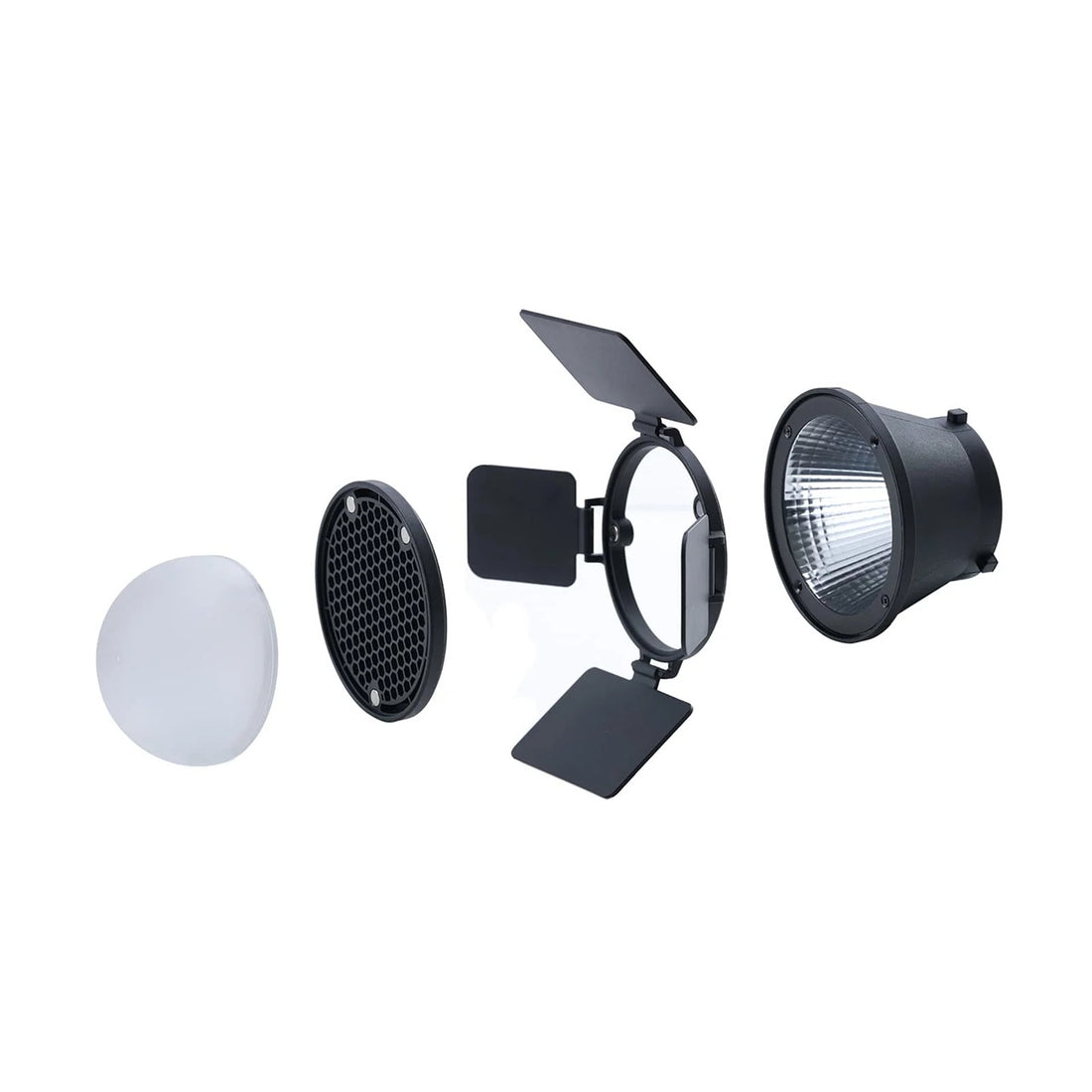 Synco COLBOR HLR light reflector kit components including lens, filter, and barn doors for photography lighting