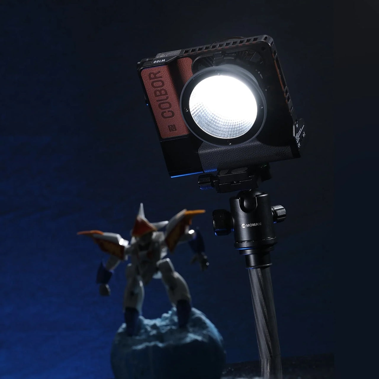 Synco COLBOR HLR light reflector kit mounted on a stand, illuminating a figure in a dark setting