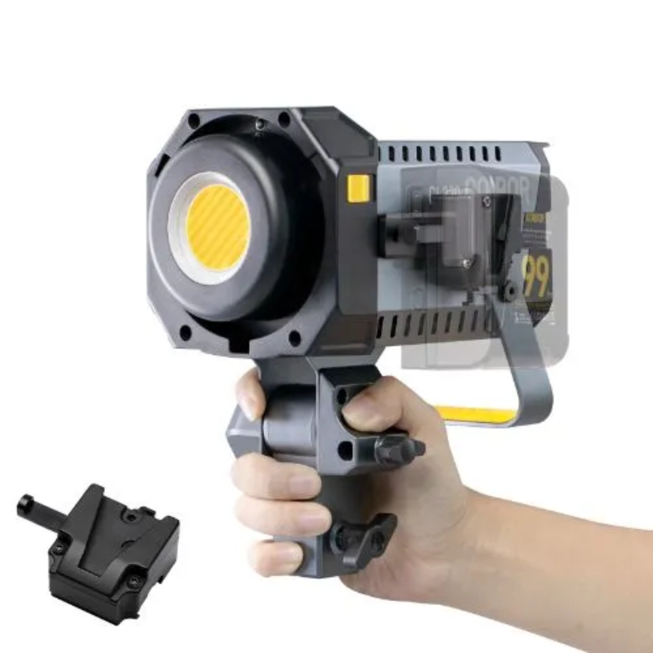 V-Mount Adapter for Synco COLBOR attached to a handheld photography light for versatile studio lighting use