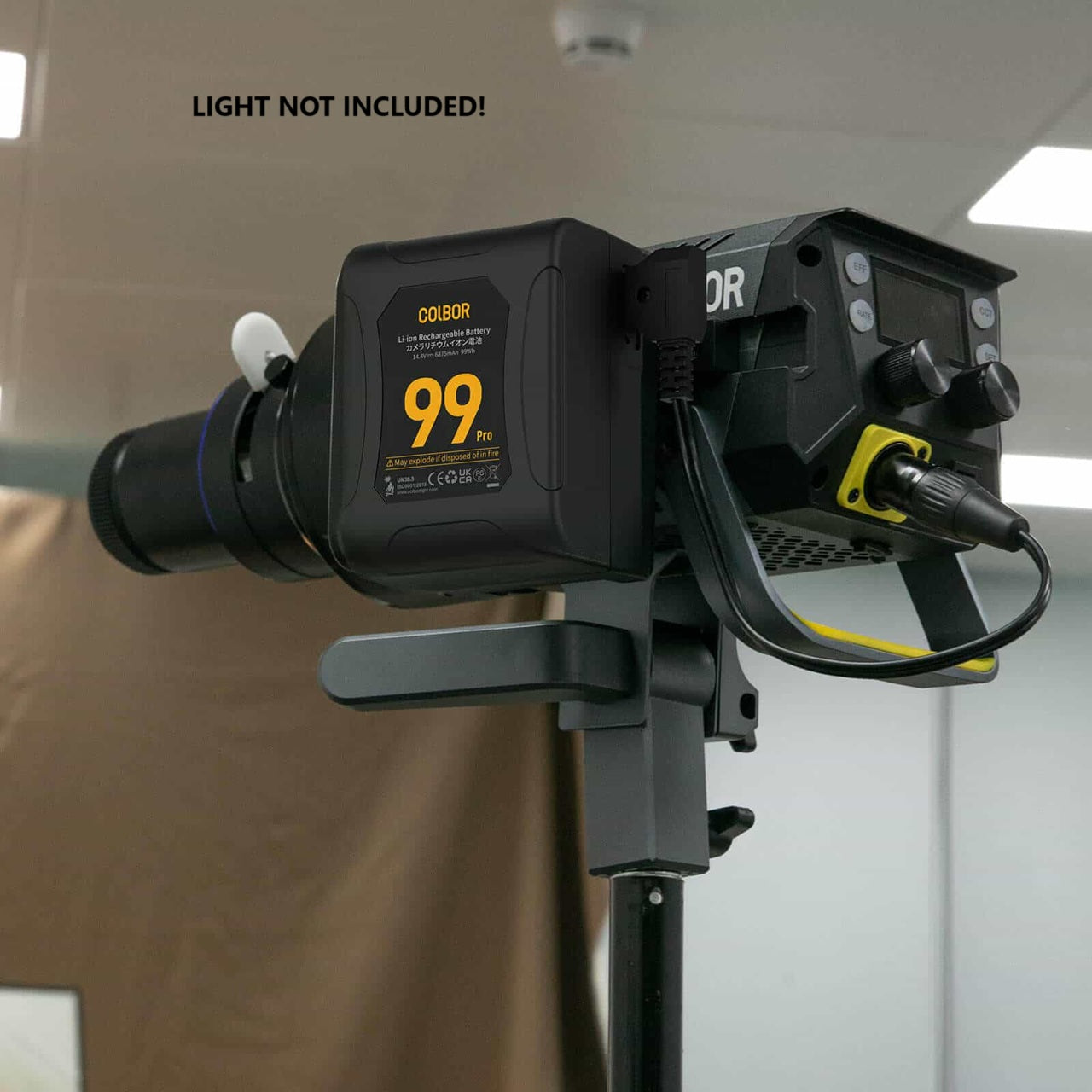 V-Mount Adapter for Synco COLBOR attached to studio lighting equipment for professional photography