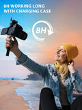 Woman using SYNCO G2 Pro wireless mic system on a beach with a camera and charging case for 8 hours of use
