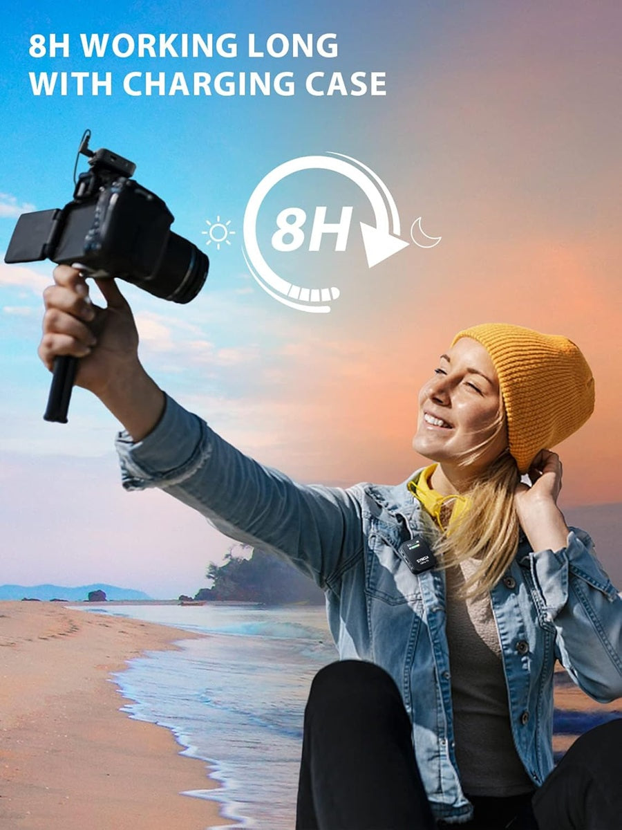 Woman using SYNCO G2 Pro wireless mic system on a beach with a camera and charging case for 8 hours of use