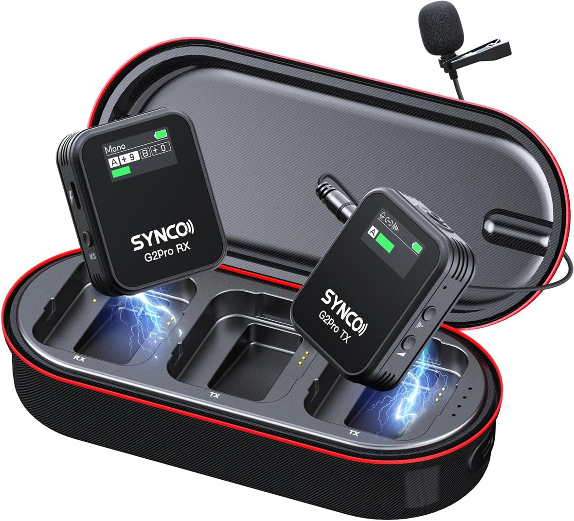SYNCO G2 Pro wireless mic system in a compact case with transmitter and receiver for high-quality audio recording