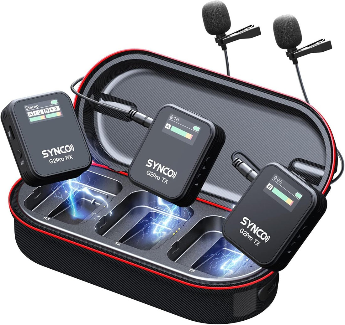 SYNCO G2 Pro wireless mic system with charging case for seamless audio recording and transmission