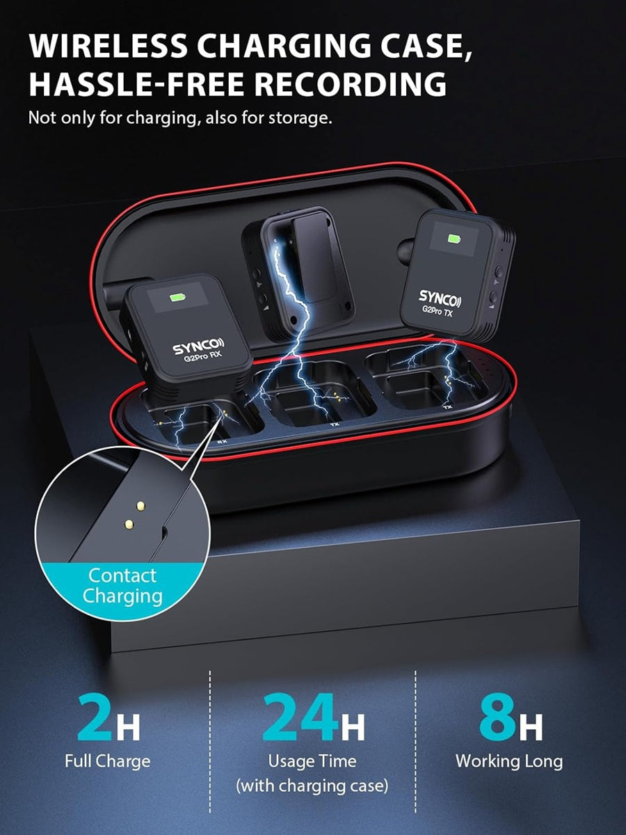SYNCO G2 Pro wireless mic system in a wireless charging case with contact charging feature
