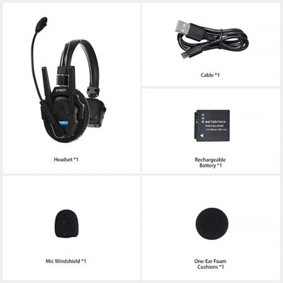 Wireless Communication Headset for Events with USB cable, rechargeable battery, and accessories