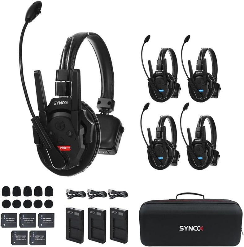 Wireless communication headset for events, featuring multiple headsets and accessories for seamless connectivity