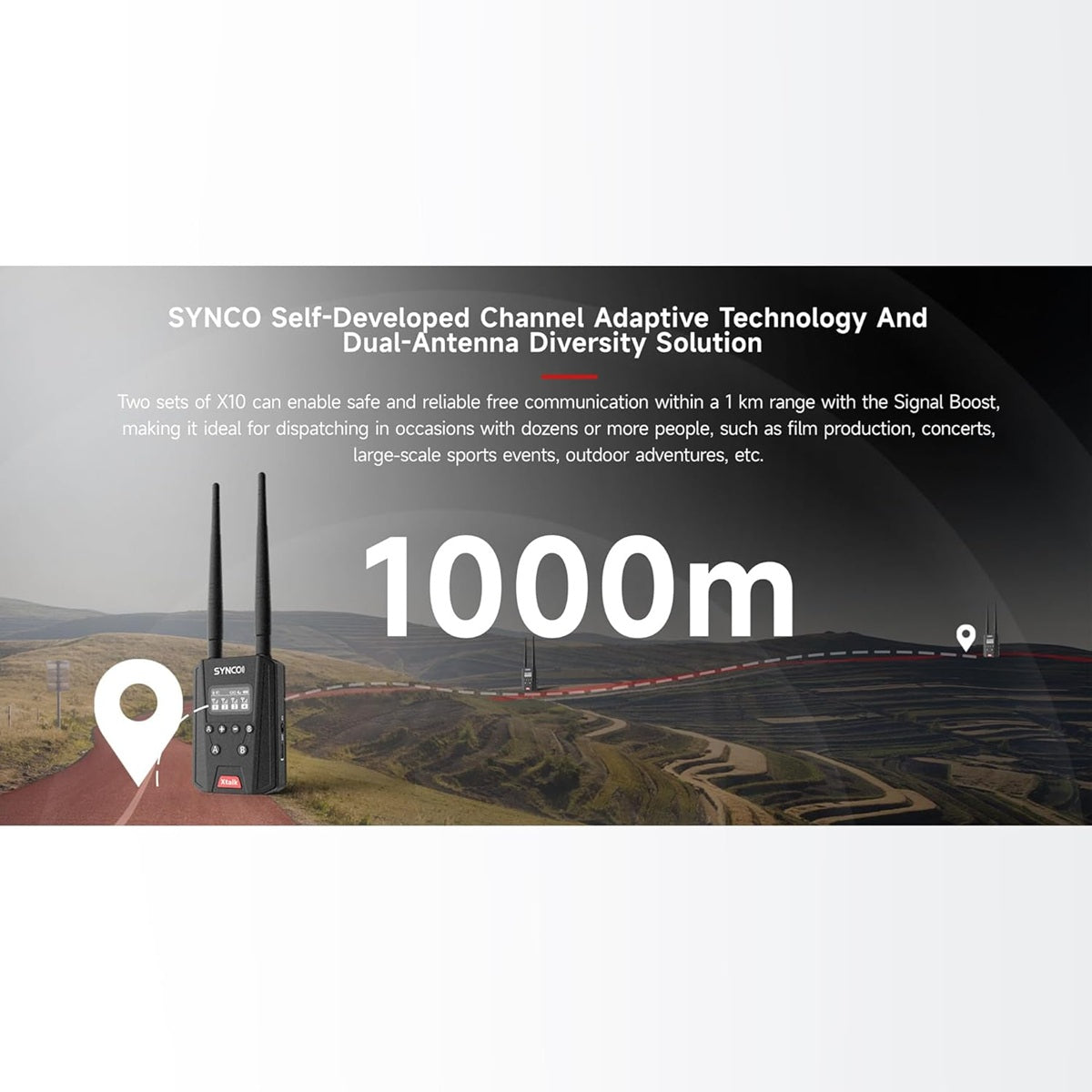 SYNCO Xtalk signal booster for safe communication up to 1 km, ideal for events and outdoor activities