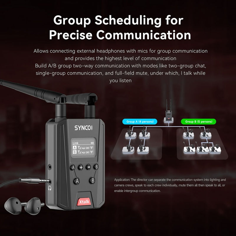 SYNCO Xtalk signal booster featuring group scheduling for precise communication with external mics