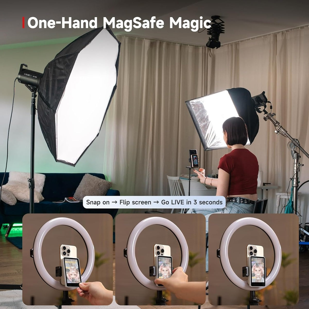 SYNCO XView M4 magnetic screen mirroring display setup for selfie and live streaming with adjustable lighting