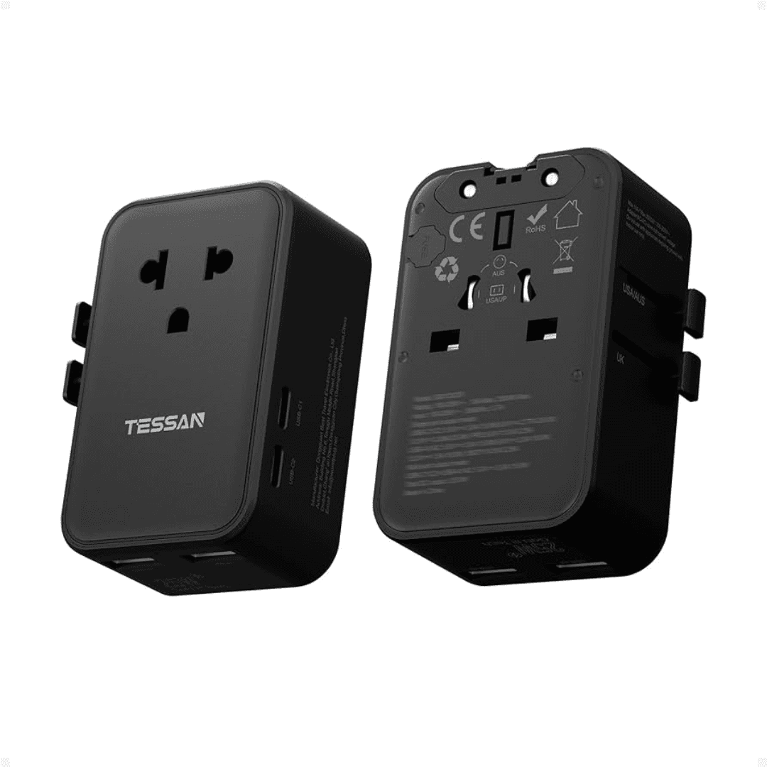 TESSAN TA01AUS Universal Travel Adapter Plug Charger with 4 USB Ports, Worldwide International Power Converter for EU/UK/AU/US Outlets – Compact Portable Design – Black