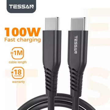 Tessan 100W 60W USB Type C to Type C cable designed for fast charging with 1M length and 18-month warranty