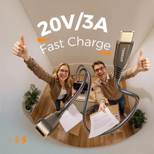 Tessan 100W 60W USB Type C to Type C cable with fast charge capabilities, ideal for quick device charging.