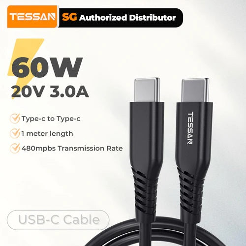 Tessan 100W 60W USB Type C to Type C cable designed for fast charging with 1M length and 18-month warranty