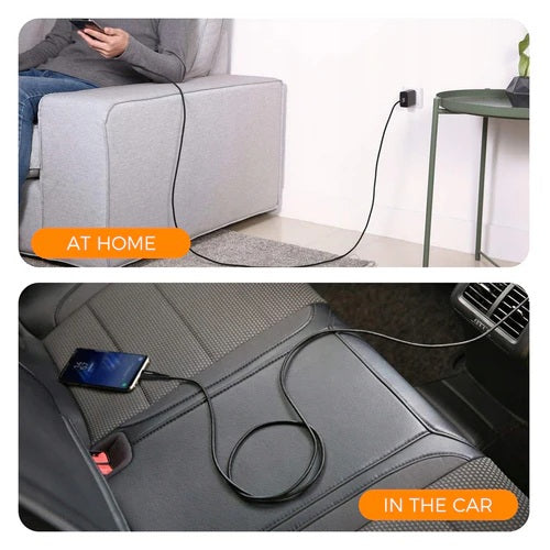 Tessan 100W USB Type C to Type C cable shown in use at home and in a car for versatile charging