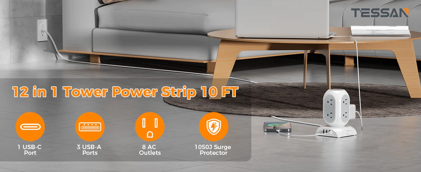 Tessan 11 outlet surge protector tower power strip with multiple USB ports in modern living room