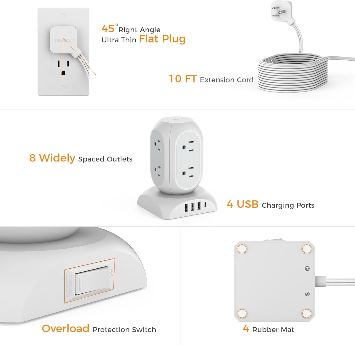 Tessan 11 outlet surge protector extension cord with 10 ft cable, flat plug, USB ports, and overload protection