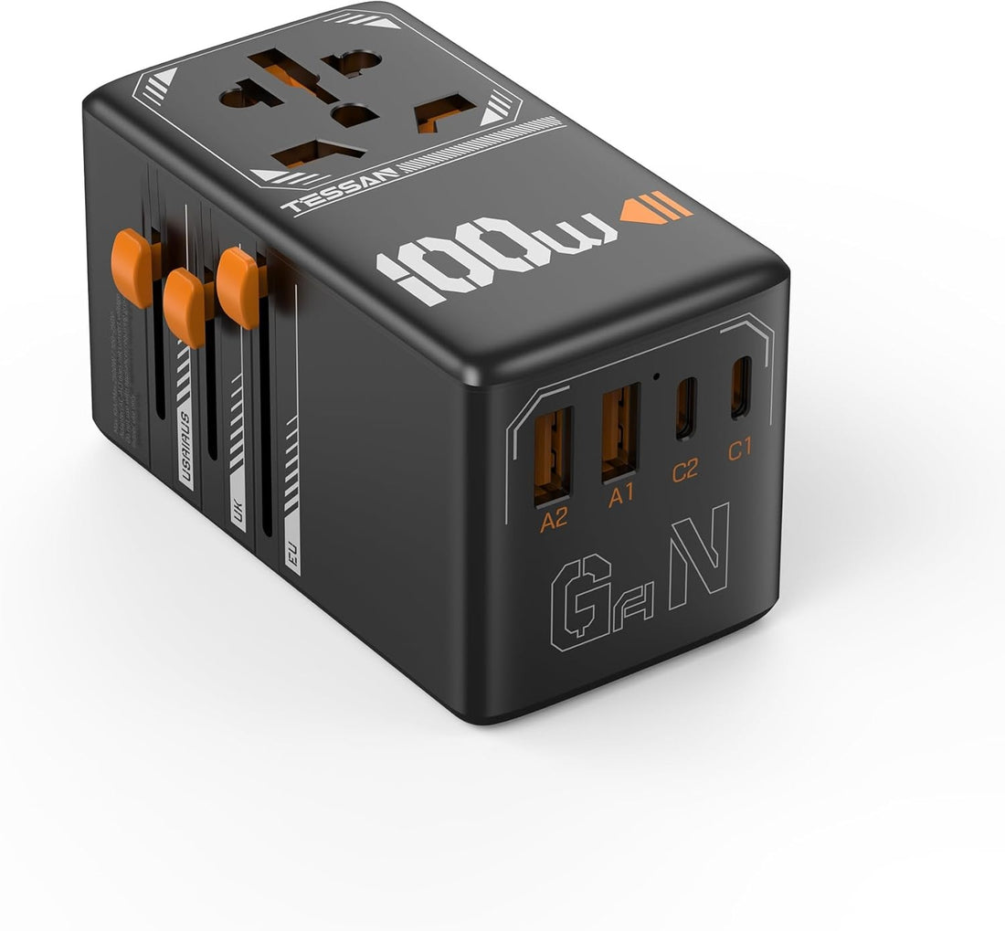 Best universal adapter for travel with multiple plug types and USB ports in black