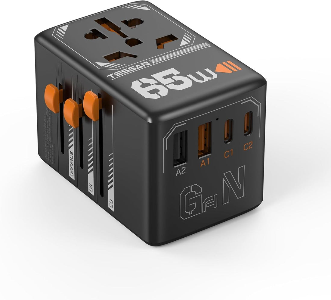 Best universal adapter for travel with multiple plug types and USB ports in black