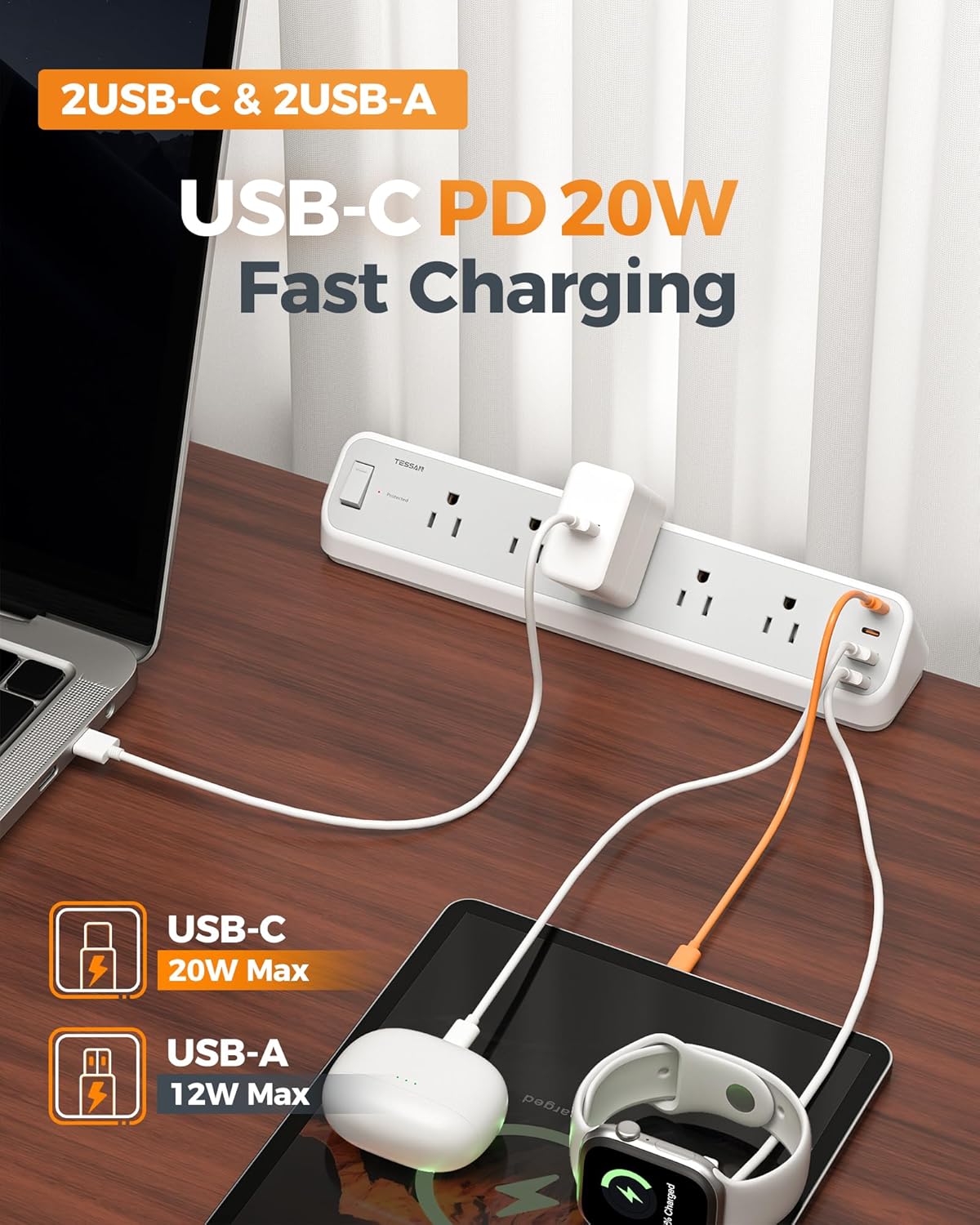 VMIDirect desk clamp power strip 10ft Cord with USB-C and USB-A ports for fast charging devices