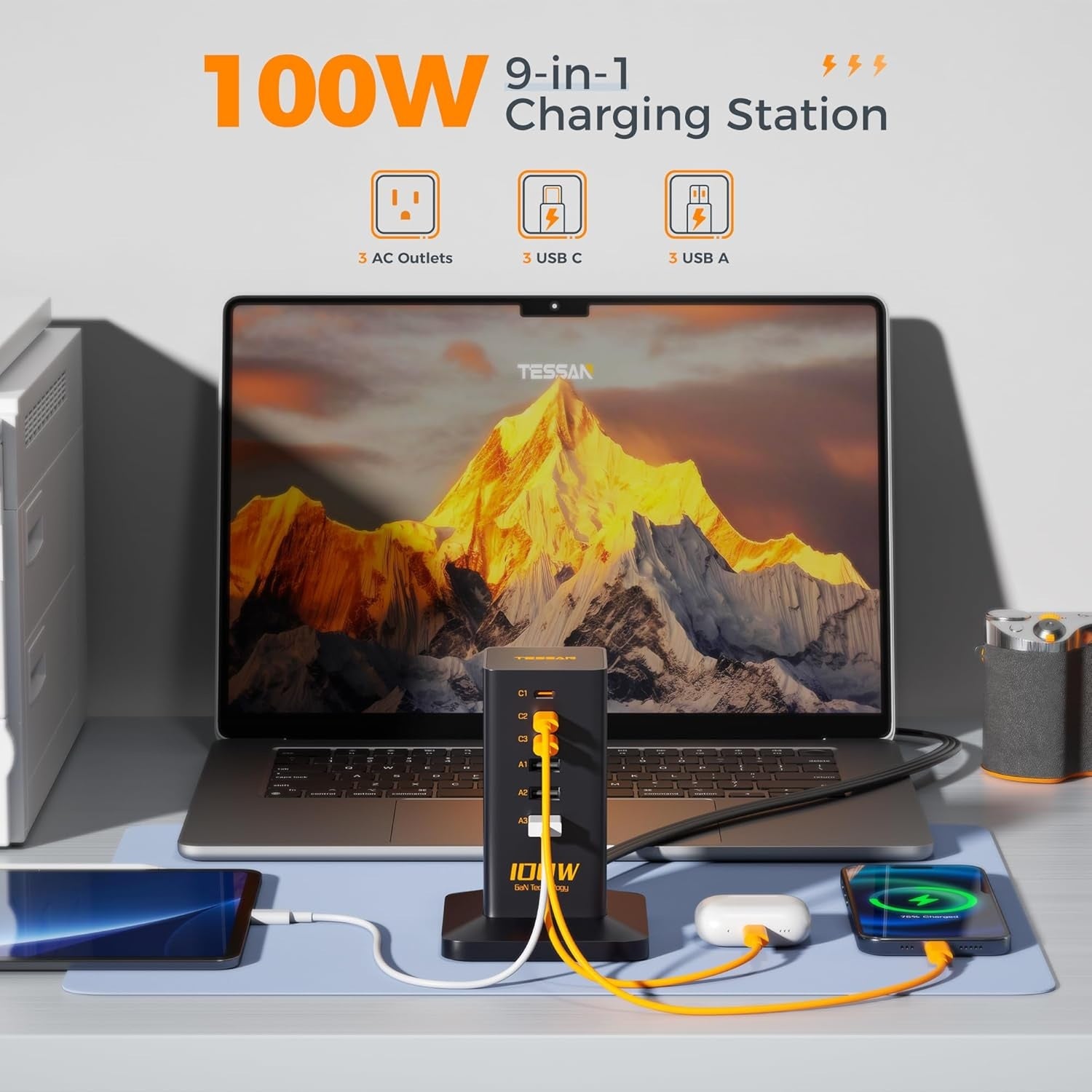 =100W 9-in-1 desktop charging station for multiple devices with AC outlets USB C and USB A ports