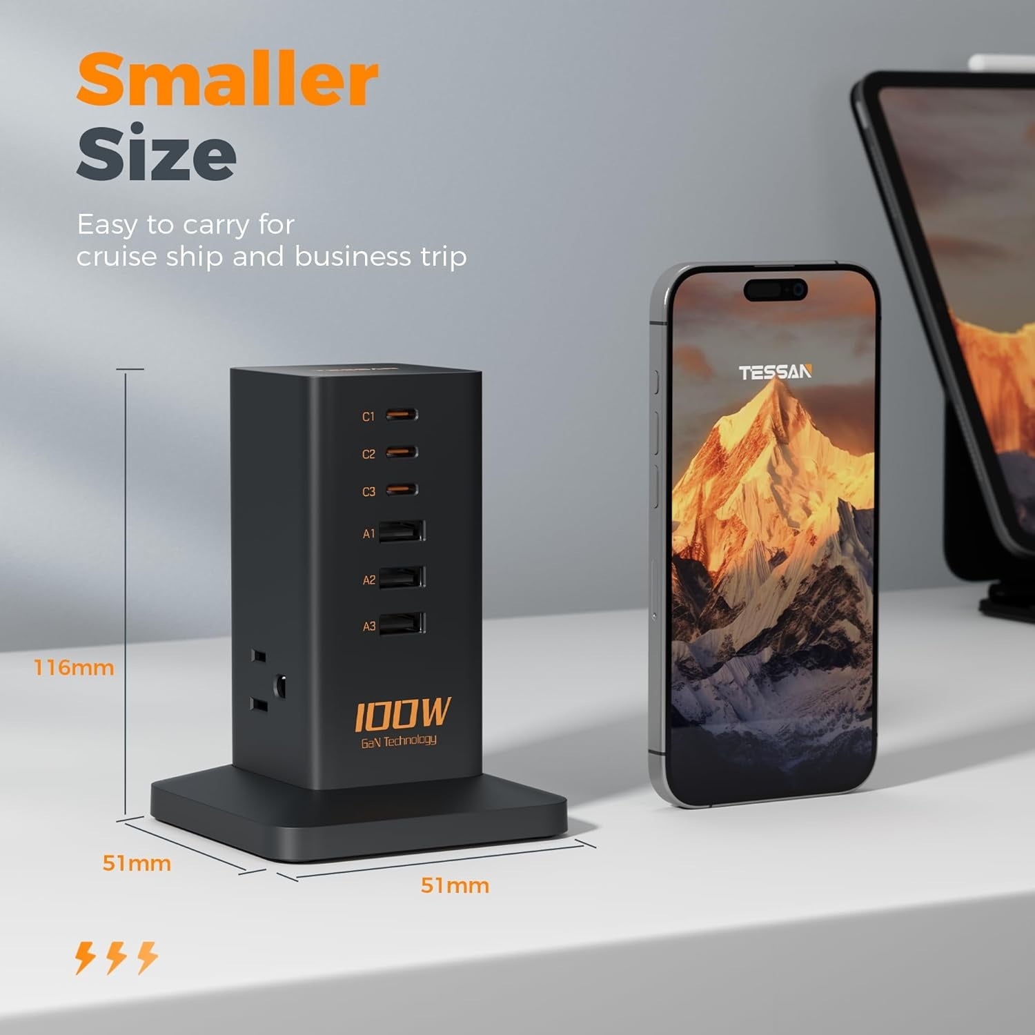 Desktop charging station for multiple devices black compact extension cord with USB ports