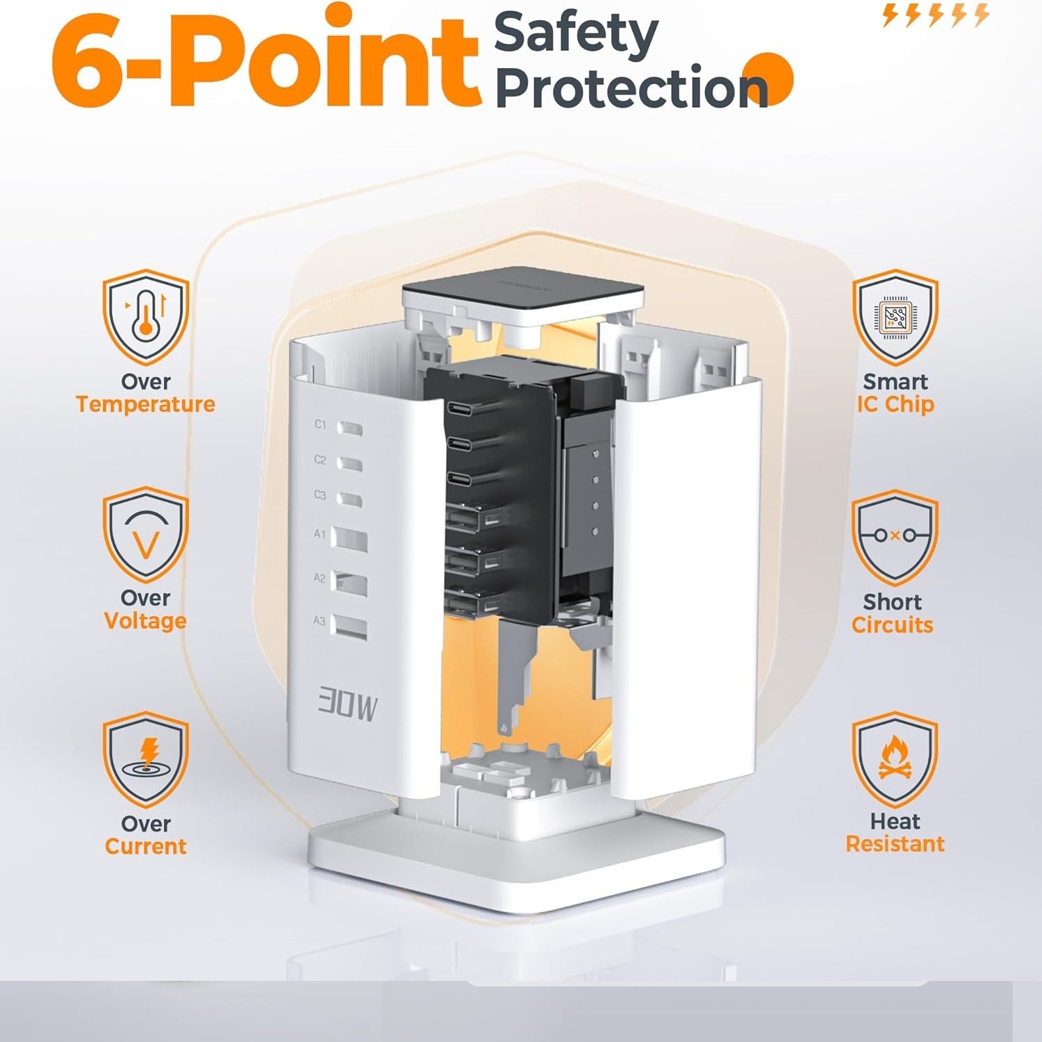Desktop charging station for multiple devices with 6-point safety protection and smart IC chip