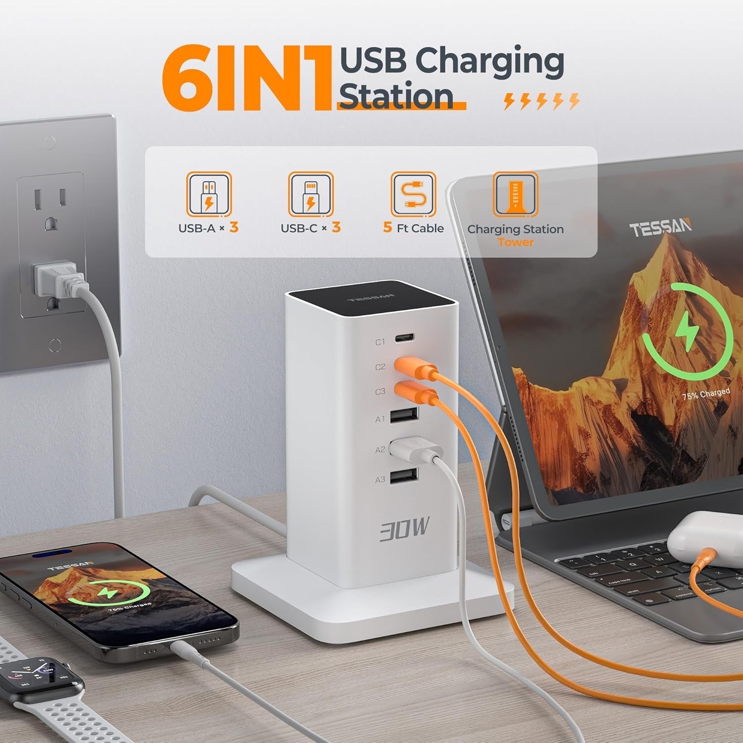 6-in-1 desktop charging station for multiple devices with USB-A USB-C ports and 5 ft cable