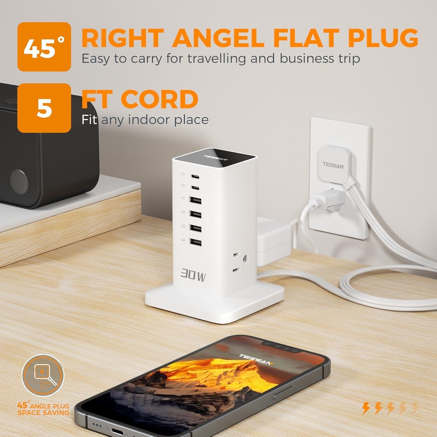 Extension cord desktop charging station for multiple devices with 45 degree right angle plug and 5 ft cord