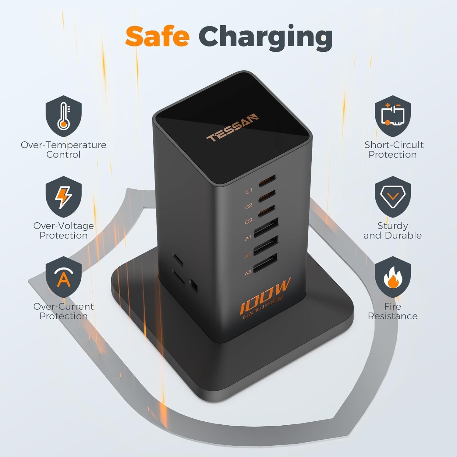 Extension cord desktop charging station for multiple devices with safety features and 100W power