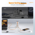 Desktop charging station for multiple devices showing organized before and after cable management