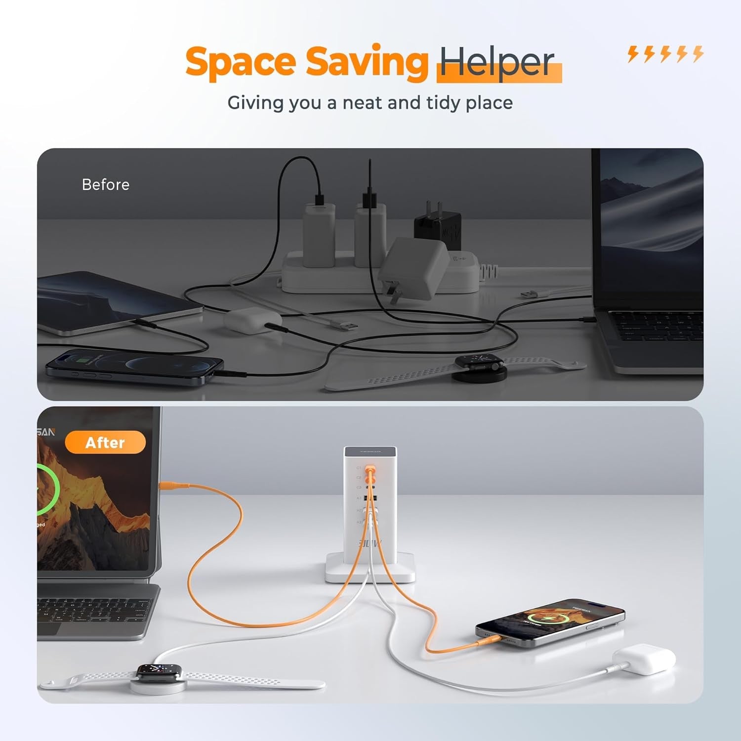 Desktop charging station for multiple devices showing organized before and after cable management