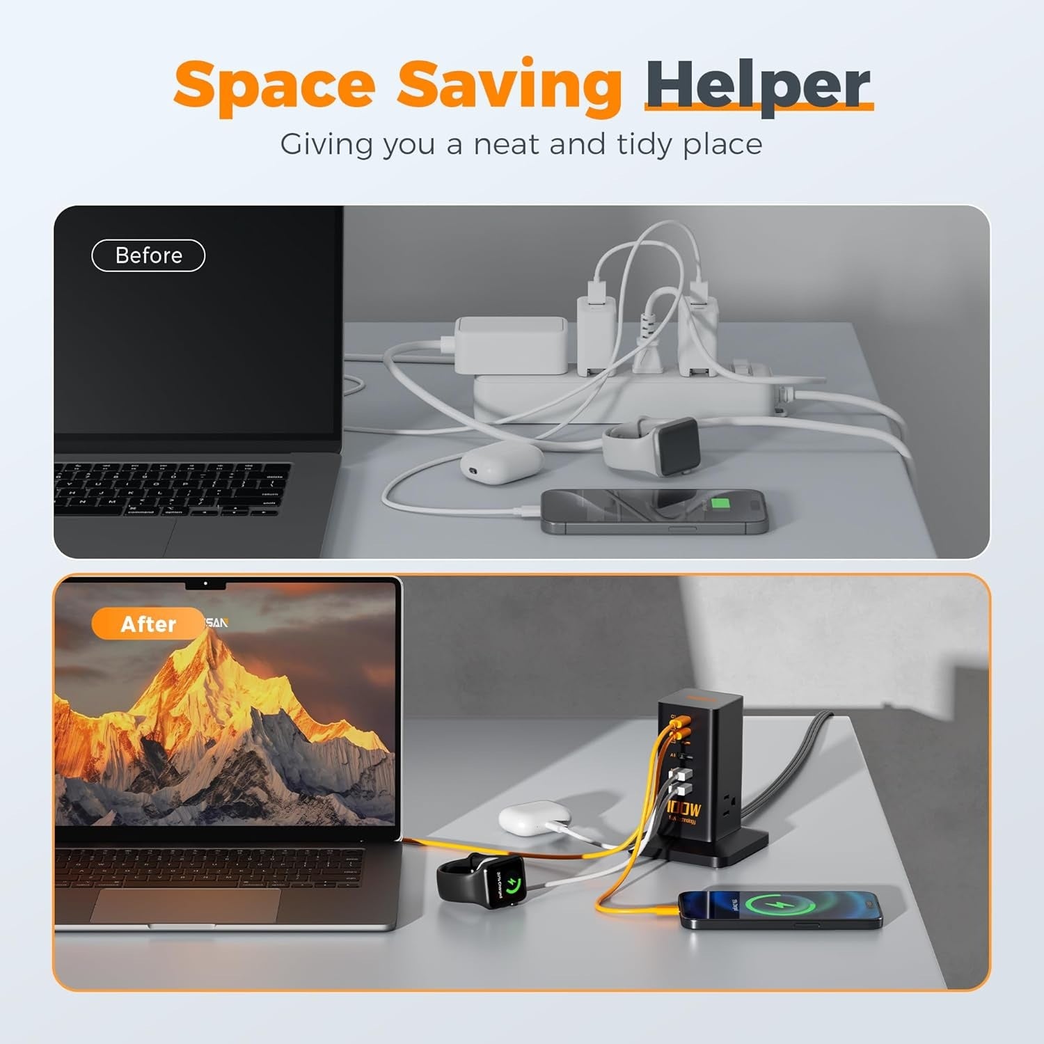 Extension cord used as a desktop charging station for multiple devices organizing workspace