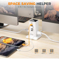 Extension cord desktop charging station for multiple devices with USB and AC ports on desk