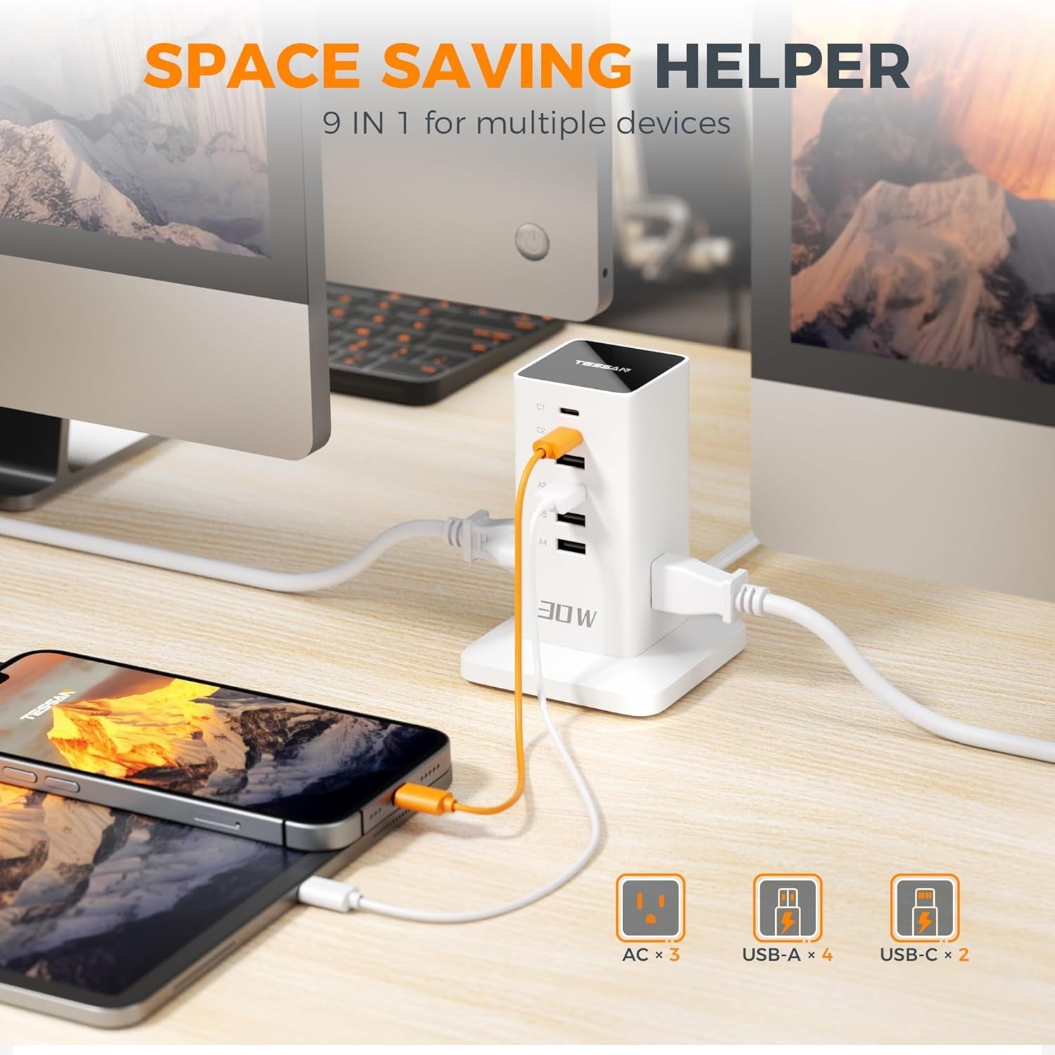 Extension cord desktop charging station for multiple devices with USB and AC ports on desk