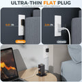 Extension cord with ultra-thin flat plug used as desktop charging station for multiple devices