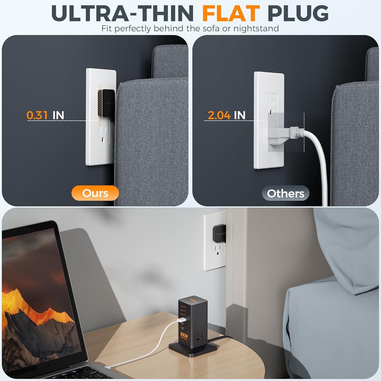 Extension cord with ultra-thin flat plug used as desktop charging station for multiple devices